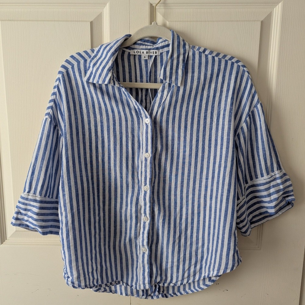 Lola River Shirt Women Sz S Blue White Striped Linen Blend Boxy Beach Nautical